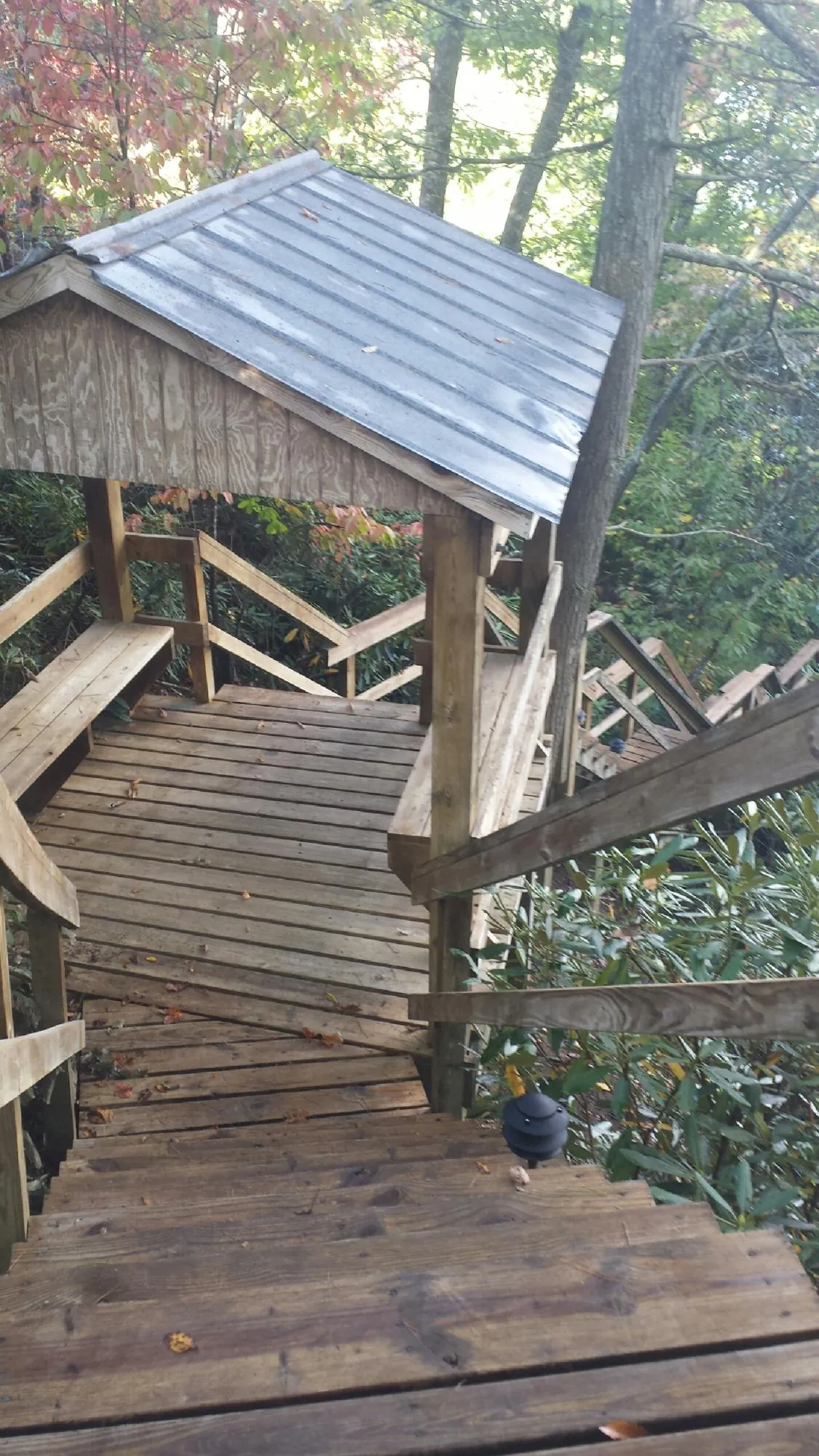 Metal roofed shelter over wooden steps on a wooded walkway — Skylight Repair & Installation work by our crew in Glen Ellyn